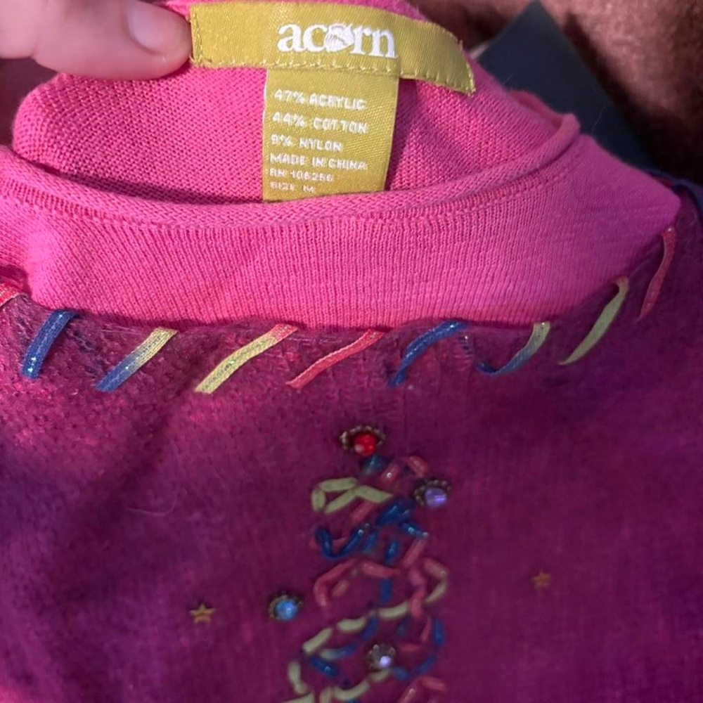 Acorn cute pink Christmas sweater with ribbon tree and‎ beads med - Picture 7 of 7